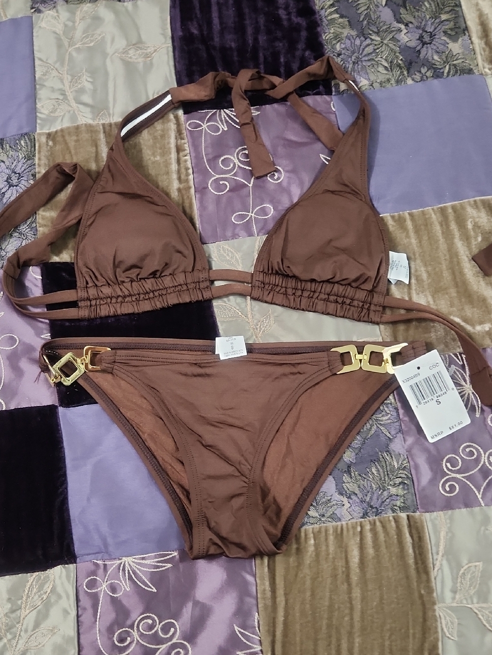 Playa By La Blanca Brown Two-Piece Bikini Set with Gold Hardware